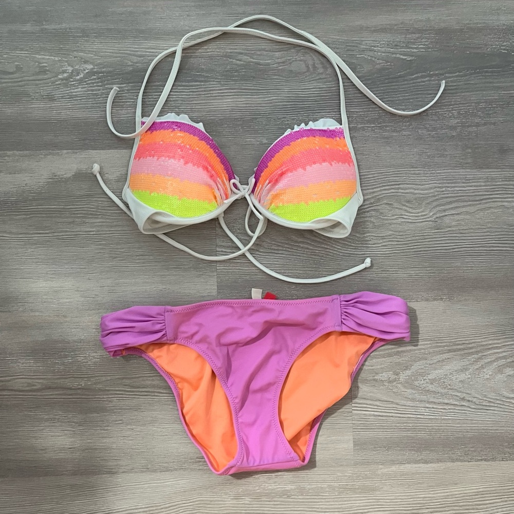 Victoria’s Secret rainbow sequin fabulous 34B;purple knockout size medium bikini